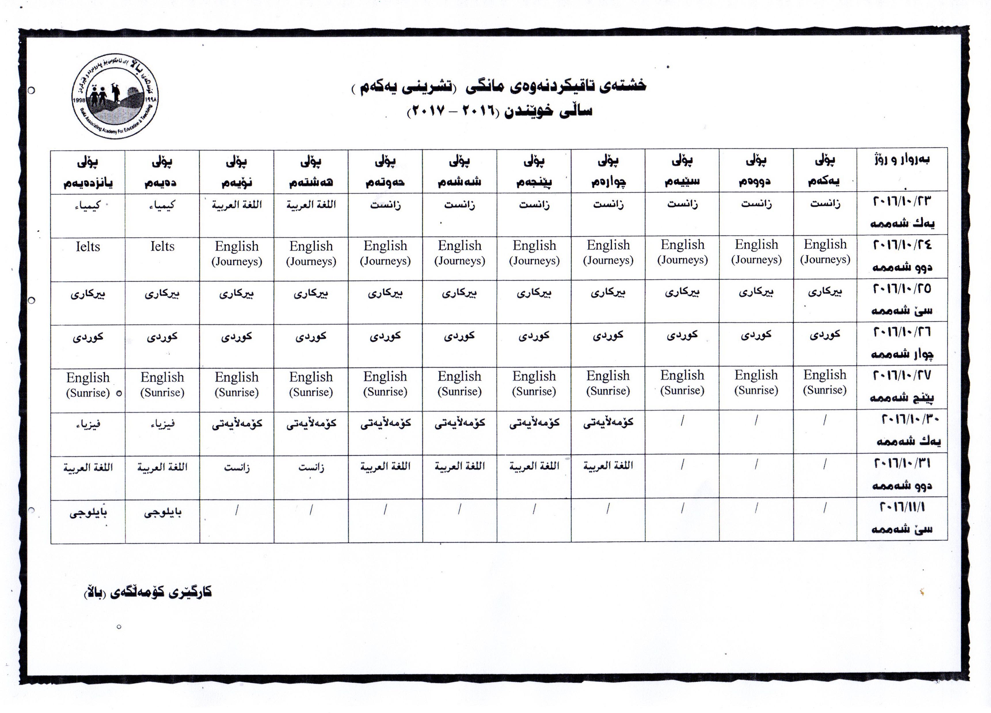 خشته‌ی تاقیكردنه‌وه‌ی مانگی (تشرینی یه‌كه‌م) سالی خوێندن (2016-2017)
